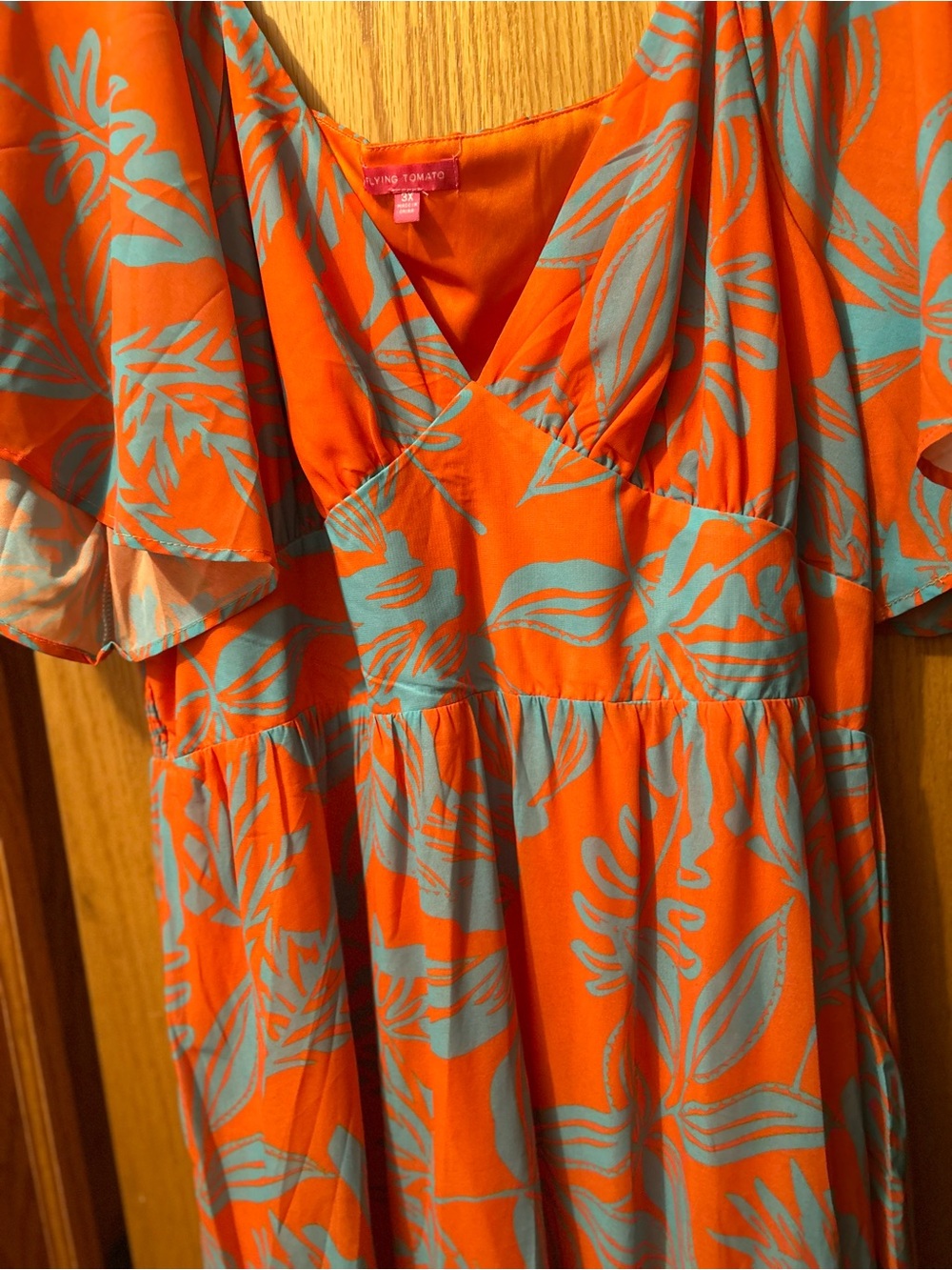 Flying Tomato Orange & Blue Tropical Wrap-Style Midi Dress